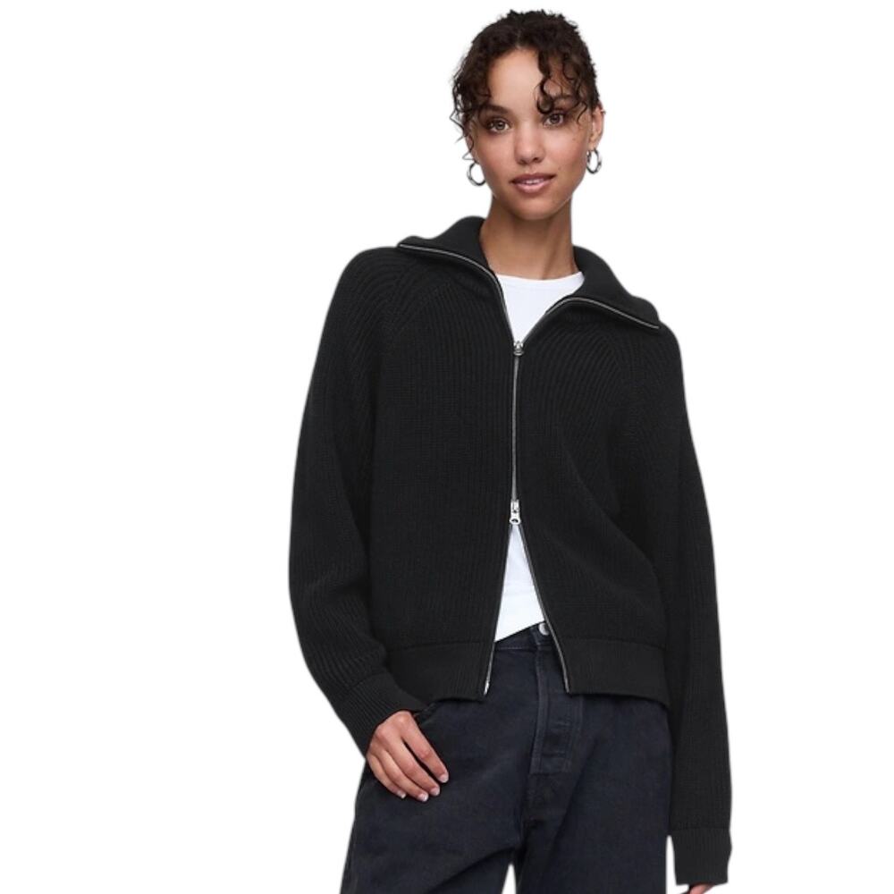 VTG GAP Shaker Stitch Double Zip Cardigan 100% Cotton Black Cable Knit Medium M